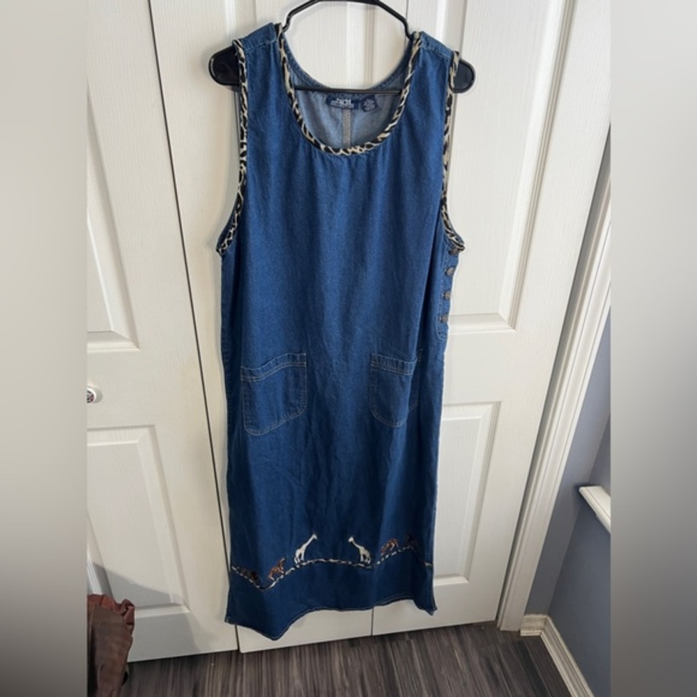 MPH Collection Sleeveless 90s Denim Embroidered Animal Maxi Dress Size XL VTG‎